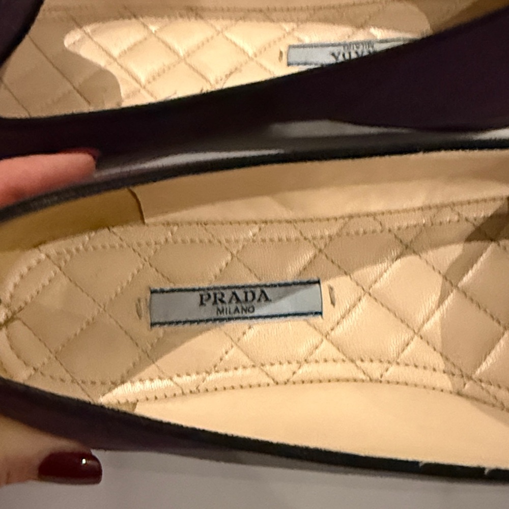 Prada Women's Deep Purple Suede Flats with Bow with Gold Prada accents - Picture 7 of 13